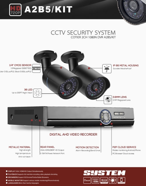 A2B5 720P 1.0 Mega Pixel 2 x Bullet AHD Cameras AHD DVR Kit, Support Night Vision / Motion Detection, IR Distance: 20m, A2B5 Kit A2B5 720P 1.0 Mega Pixel 2 x Bullet AHD Cameras AHD DVR Kit, Support Night Vision / Motion Detection, IR Distance: 20m, A2B5 Kit